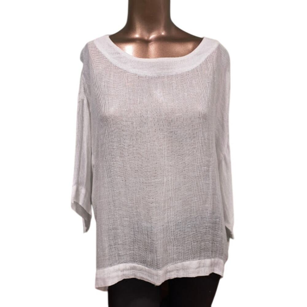 Pure Jill White Linen Mesh Top with Boat Neck and Wide Sleeves, Sz XS